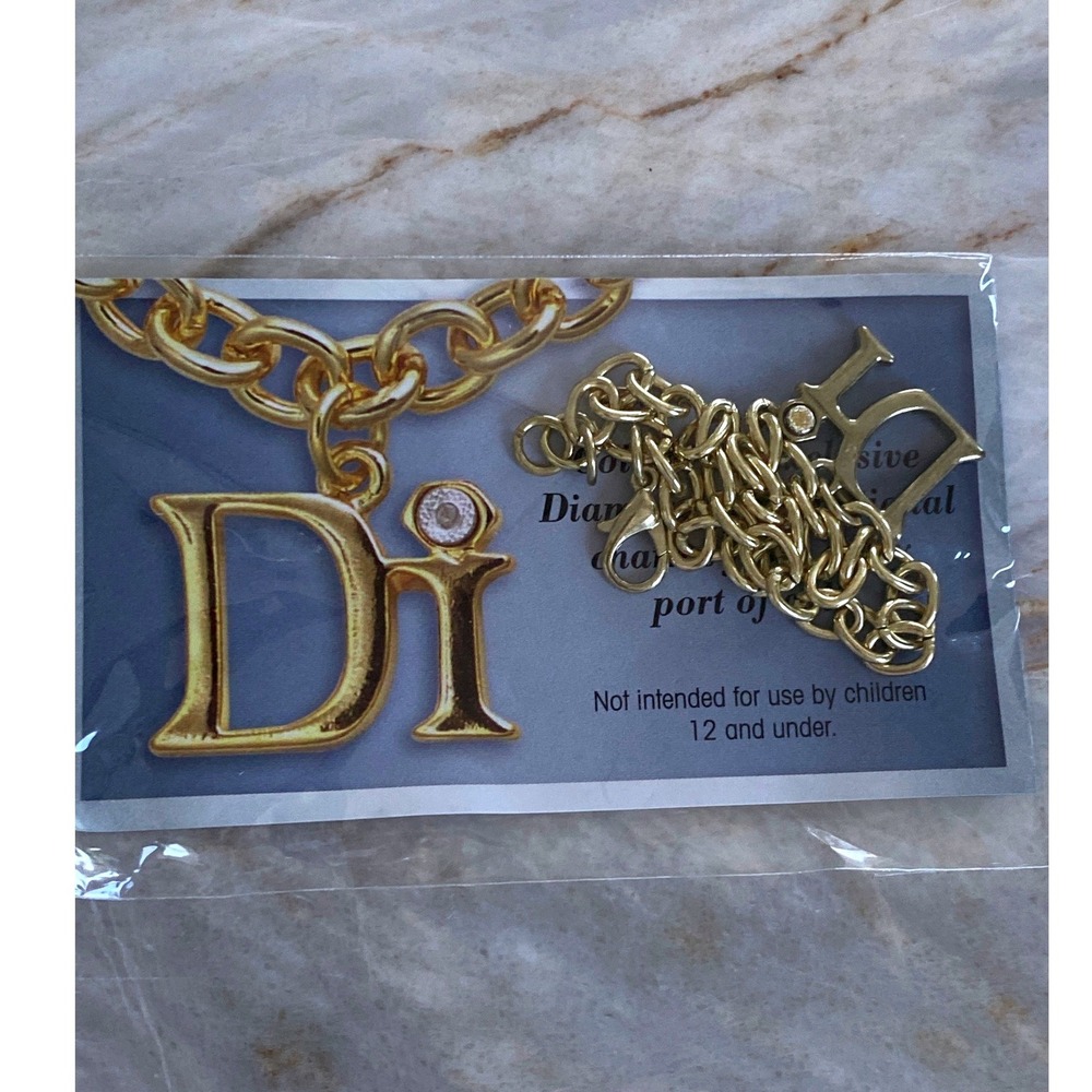 Diamonds International DI Logo Initial Gold Tone Rhinestone Charm Necklace NEW